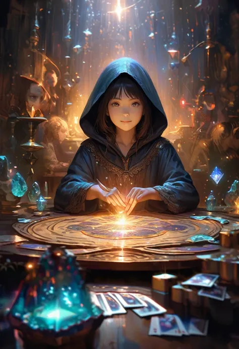 Impressionist paintings, Realistic, A smiling young hooded Asian woman, fortune teller, Tarot cards and crystals on the table, View your viewers, Mysterious, Magic, Shine, Shineing, dark Magic lighting, Sulky, Cinematic, Shine, Sparkling, darkness