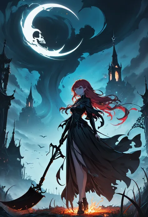 (((masterpiece))) ((anime style)) full body view A whimsically drawn Scenic, featuring a (((necromancer goddess))) with an air of command, poised confidently with a (((scythe of death))) aloft, cutting through a (chillingly atmospheric backdrop) that sets ...