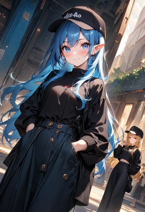 (masterpiece),(best quality),(ultra-detailed),(best illustration),(best shadow),(absurdres),(detailed background),(very aesthetic), 2girls baseball_cap black-framed_eyewear black_headwear black_jacket black_pants black_shirt black_skirt blonde_hair blue_ey...