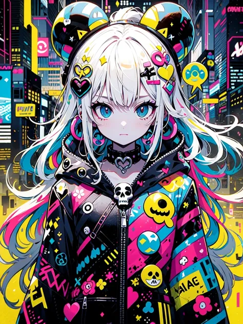 Takashi Murakami style、"cute, beautiful, Adorable girl in pink clothes, yellow, Baby blue color scheme. She wears a skull-themed outfit inspired by female pirates.. A stunning anime girl with an intricate floral tattoo on her neck, exuding elegance and bea...