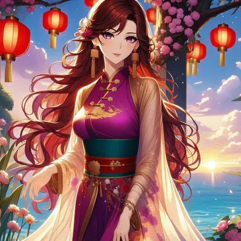 (masterpiece, best quality:1.2), 1 women, xian mei, solo, 18 year, chinese clothes, ultra long purple skirt, purple eyes, long black curly hair, jewellery, perfect anatomy, dark purple hanfu, 
