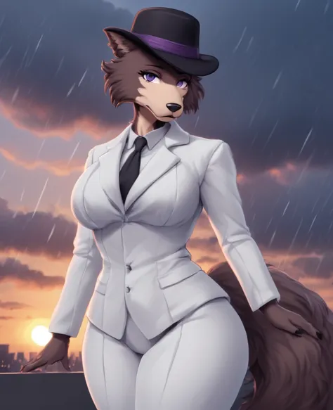 juno beastars,brown and beige fur,wolf girl,purple eyes,big buttocks,big hips,thick thighs,thin waist,pose sexy,black gala suit,...