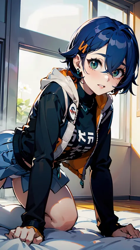 Composition seen from behind, woman facing away from you, crawling on all fours, skinny, slender girl 1, pure white panties visible, (from bottom: 1.2), white panties, jacket, blue hair, hoodie, jewelry, earrings, hair accessory, bangs, short hair, shirt, ...