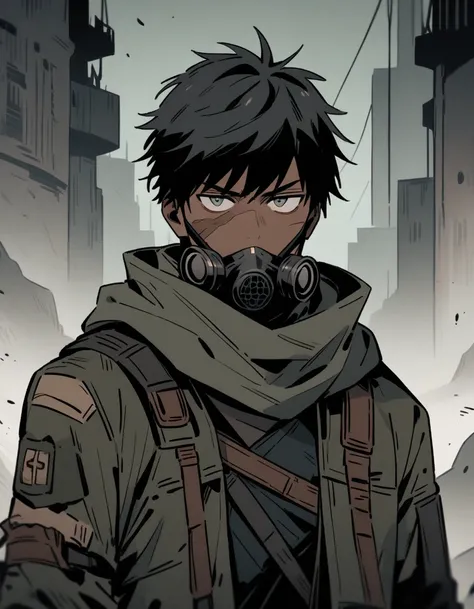 Half-length image of 1 young man, soft features, Muted colors, serious expression, betting factions, post apocalyptic clothes, tanned skin with scars, post apocalyptic clothing, beautiful eyes with dark circles, gas mask, dystopian background, hd quality