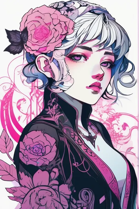 チームラボスタイル - 
、A stunning anime girl with an intricate floral tattoo on her neck, exuding elegance and beauty.,in the style of neon realism, dark pink and light black, gothic art nouveau, anime-inspired character designs, dark white and indigo, bold yet gra...