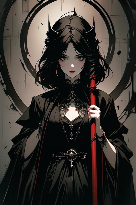 masterpiece,best quality,ultra-detailed,2girl,solo,crow,upper body,dark style,black hair,black clothes,standing,horror theme, holding a scythe in her hands