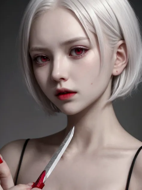 A pale girl with short white hair and red eyes, She has a knife in her hand 