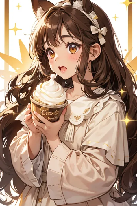 A brown girl Num with light rosy cheeks and a wide opened mouth. Her cream and ears are both cream-colored, covered in chocolate chunks and a darker brown bow. SPARKLE; GLITTER