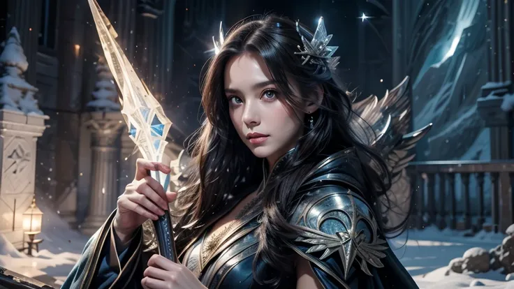 masterpiece, rest, best quality, Very detailed, Super real, 16K, high resolution, castle，snow, ((Starry Sky)),Female Mage，Gorgeous robe，Complex Mode，Pretty Face，Closed mouth，dramatic，Half-length photo，Glowing scepter，Black Wings，