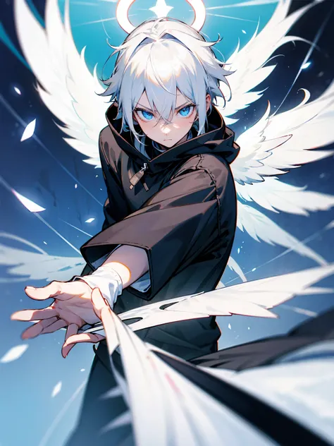 Male, white hair, halo, wings, yukata, black sweatshirt, arm sleeve, serious expression