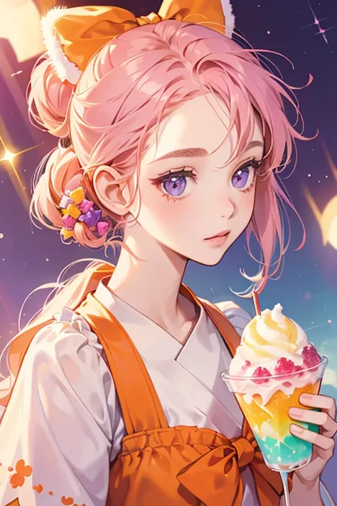 A clear girl Num with logo design around the middle of her head. She has a basic expression with no mouth and rosy cheeks. She has orange bear ears and her shaved ice or sherbet is an orange and raspberry ombre. She wears a purple bow on top of her head. S...