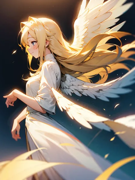 Female, long blonde hair, angelic wings, flowing white dress, celestial glow, serene smile