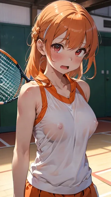 mastute piece,Best Quality,insanely detailed,8k cg,nsfw,
(shoot upper body:1.3),
(1girls:1.3),standing,looking at viewr,body in front,both arms behind back,(badminton-uniform:1.3),(bare breasts:1.2),(bare nipples:1.2),
break,
blush,shy,(ecstasy face),(trem...