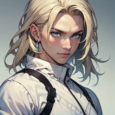 ((masterpiece)), (((best quality))), solo, 1 male, pale white skin, very light blonde hair, medium hair, bob hair style, straight hair, handsome young man, blue eyes, lean, tall, slender, white jumpsuit, simple earrings, highest quality, highly detailed, o...