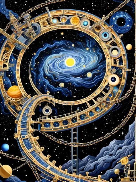 Create an optical illusion artwork combining elements like eyes, the starry night sky, the universe, galaxies, a celestial ladder, technology, machinery, and chains. The composition should be complex and intricate, featuring geometric shapes and patterns t...