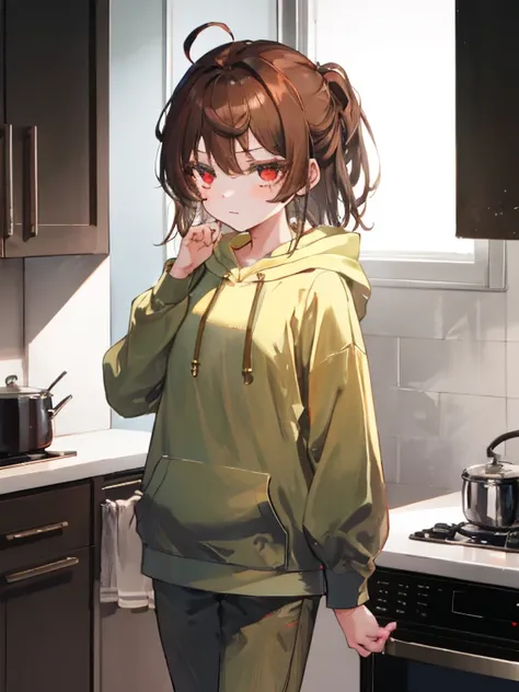 About 9 ~ 16-year-old girl，Red eyes，brown hair，White-colored skin，Wear a green hoodie，Brown pants，A red kitchen knife in his hand，There is a blush，Two-dimensional painting style，Stand in the golden promenade，The expression is gloomy。