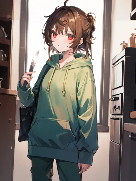 About 9 ~ 16-year-old girl，Red eyes，brown hair，White-colored skin，Wear a green hoodie，Brown pants，A red kitchen knife in his hand，There is a blush，Two-dimensional painting style，Stand in the golden promenade，The expression is gloomy。