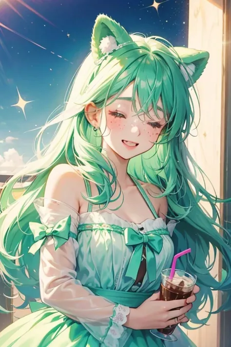 A mint girl with chocolate bear ears to match the bow attached to her straw. She has shut eyes and a happy opened mouth, along with freckles.  SPARKLE; GLITTER