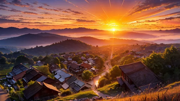 ((beautiful sunrise scenery:1.9))、rural area shrouded in morning mist、rice terraces reflecting the morning sun、close and distant...