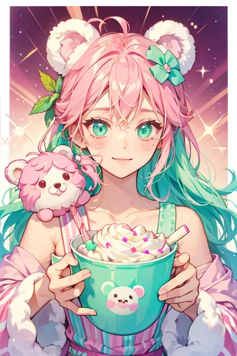 Choco-Mint Froyo is a girl bear num with a squinting wink eye and no mouth residing on his magenta and pink diagonal striped cup, which has a white border. Mint frozen yogurt resides on top, with his bear ears and upper half covered in light chocolate syru...