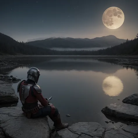 a highly detailed photo of the mandalorian sitting on the shores of a serene lake,observing the bright full moon in the night sky,the mandalorians helmet resting on a stone beside him,dramatic lighting,cinematic composition,hyper realistic,8k,intricate det...