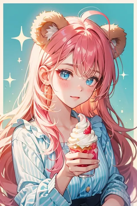 A girl bear num with a squinting wink eye residing on her light blue diagonal striped cup body, which has a white border. White frozen yogurt resides on top, along with light chocolate sprinkles, raspberry syrup, and tan bear ears. SPARKLE; GLITTER