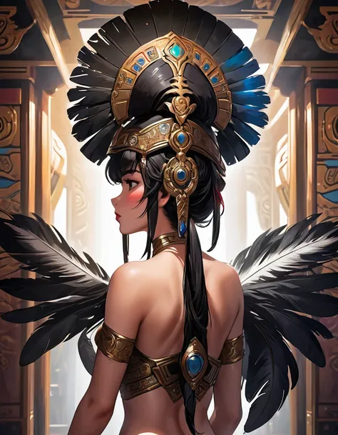 full body view from behind, oil painting style, spaceship interior, beautiful busty nude Mongolian woman, black feather headdress, detailed face, detailed eyes, detailed lips, extremely detailed, intricate details, cinematic lighting, dramatic shadows, viv...