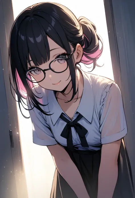 Very cute 15 year old girl, ((Summer uniform office lady style、blouse、Fashionable glasses))、(Black hair color、Light pink inner color hairstyle、Hair expressed with a delicate touch), Beautiful Hair, Facial Contour, Remember, office, splash, Lens flare、moonl...