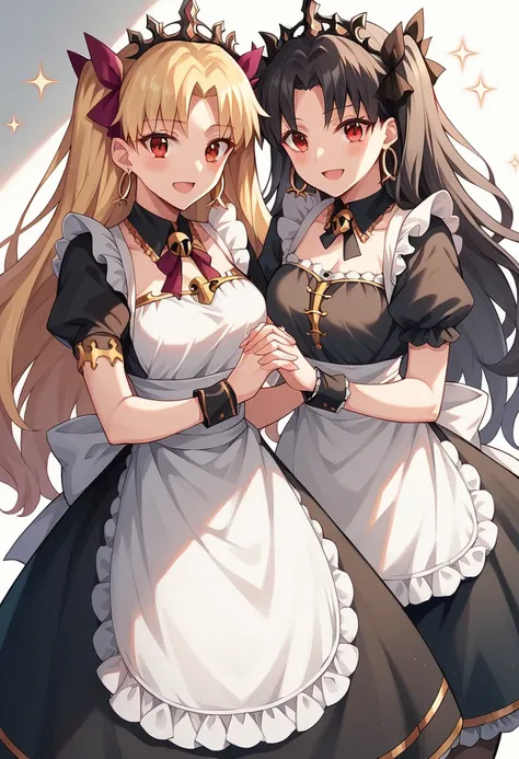 ereshkigal (fate), ishtar (fate), long hair, breasts, looking at viewer, blush, smile, open mouth, bangs, multiple girls, blonde hair, black hair, red eyes, dress, bow, ribbon, 2girls, jewelry, short sleeves, pantyhose, earrings, frills, alternate costume,...