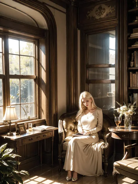 Beautiful platinum blonde woman, long shimmering hair, reading a book, classic vintage cafe, delicate face, deep blue eyes, soft pink lips, soft natural light, large window, highlighting pale smooth skin, soft light rays, elegant cream sweater, long skirt,...