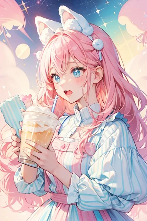 A light blue diagonal striped girl with a white wavy rim. She has a basic expression with a wide opened mouth. Fluffy pink cream sticks out of her cup, decorated with wafer bear ears and pink sprinkles. SPARKLE; GLITTER