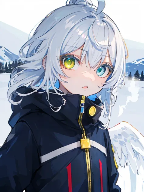 Best Quality、masutepiece、Ultra-detailed、face perfect、Extremely detailed、Extremely delicate、1 boy, (cute little), Angel, lightblue hair、half up、place々Blue Mesh、blue and yellow gradient eyes、Noble attire、Black coat、gray collared shirt、Black pants、snow mounta...