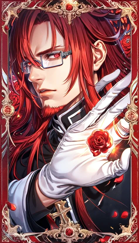 absurdres, highres, ultra detailed, HDR, master piece, best quality, extremely detailed, Marian Cross, red hair, long hair, messy hair, expressive red eyes, D.Gray-man, rectangle glasses, red goatee, solo, sexy man, handsome, sensual, black clothes, white ...