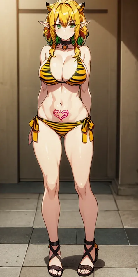 1 girl, bare shoulders, wearing a yellow tiger bikini, metal sandals, strong body, red tattoo under stomach, navel, Frieren, green eye, elf, pointy ears, toe to head