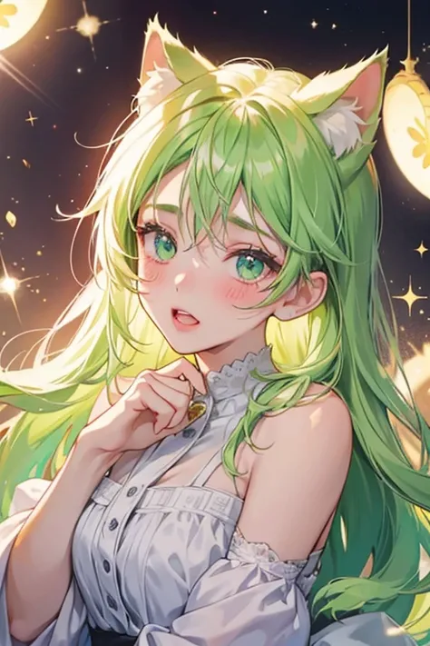 A pie girl num with basic eyes, and a wide-opened mouth and faint blushed cheeks. She has white cream with a rim of light green to match her cat ears. SPARKLE; GLITTER