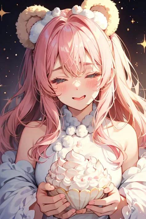 A chocolate girl shell Num with matching bear ears and a large pile of fluffy white meringue. He has one squinting eye shut and his tongue sticking out. His blushed cheeks are light pink.  SPARKLE; GLITTER