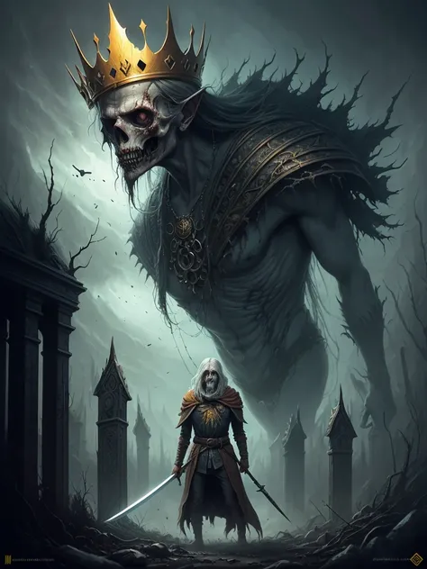 an evil old necromancer that looks like a dry corpse with a golden crown on his head, long gray hair and, he has fearful look, holds long sword, fantasy art, concept art, johan grenier, trending on artstation, national geographic photo, peter mohrbacher, a...