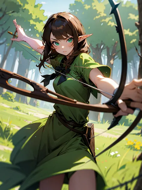 Female, brown hair, elf ears, green dress, bow and arrow, woodland setting, vigilant expression