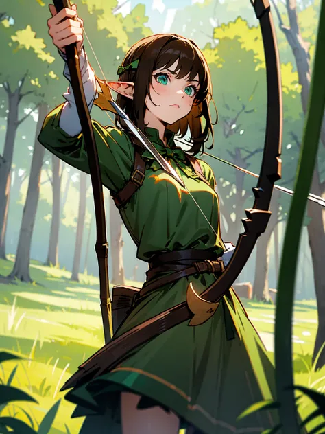 Female, brown hair, elf ears, green dress, bow and arrow, woodland setting, vigilant expression