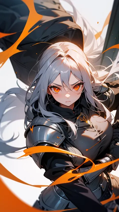 Create an image of a busty girl with long gray hair with orange eyes wearing armor 