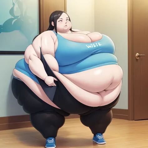 wii fit trainer, a woman, thick body, extremely white pale skin, a tall and curvy figure, highres, and a hyper massive voluptuou...