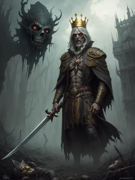 an evil old necromancer that looks like a dry corpse with a golden crown on his head, long gray hair and, he has fearful look, holds long sword, fantasy art, concept art, johan grenier, trending on artstation, national geographic photo, peter mohrbacher, a...