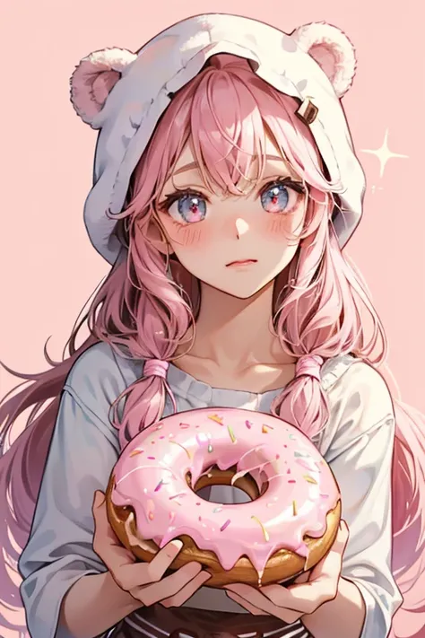 A donut girl Num with a basic expression, bear ears and very faint pale-pink blushed cheeks. Pink icing covers her head along with a dollop of chocolate cream and a chocolate drizzle. SPARKLE; GLITTER