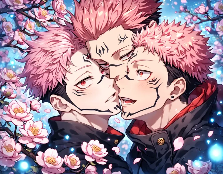 absurdres, highres, ultra detailed, HDR, master piece, Ryoumen Sukuna, pink hair, expressive red eyes, Itadori Yuuji, pink hair, expressive brown eyes, black clothes, Jujutsu Kaisen, two sexy man together, handsome, gay couple, yaoi, love, best quality, bl...