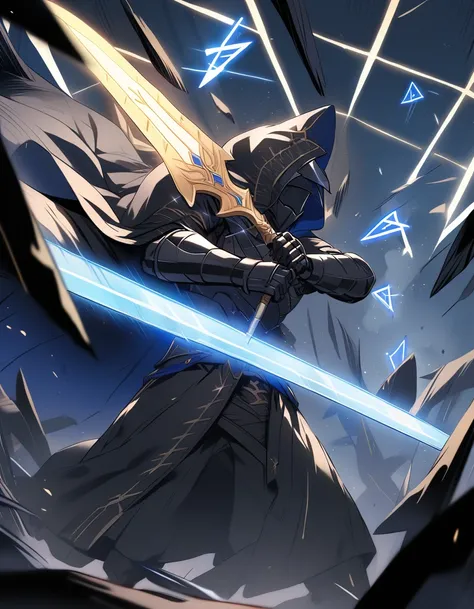 The Hero in black armor and a golden sword Using the light blue runes, Battling a man with a hood and a long cloak, with a long sword in raven feather armor