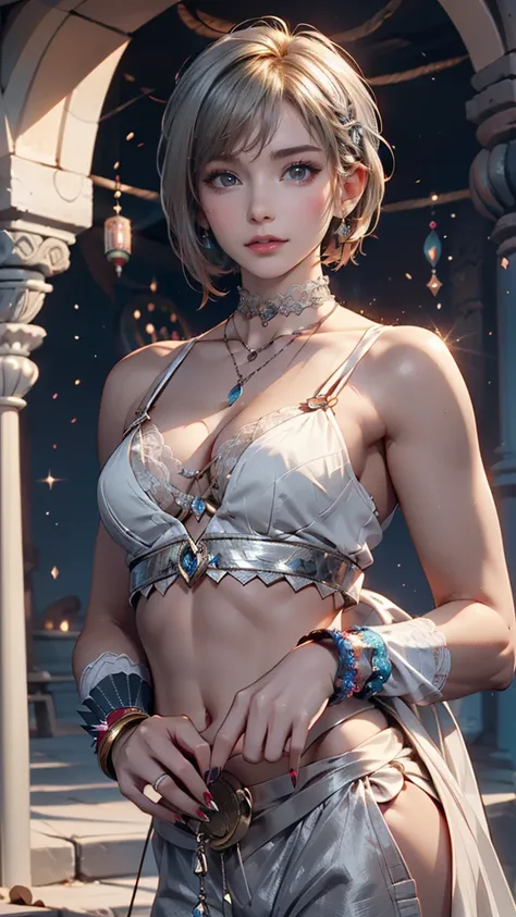 24-year-old female、Blonde、Pixie Cut Hair((pixie cut))、Lace choker、necklace、Oval Neck((oval neck))Tops、Sheer Aladdin pants((aladdin pantules、Silver accessories on the wrist、Manicure、Peticure