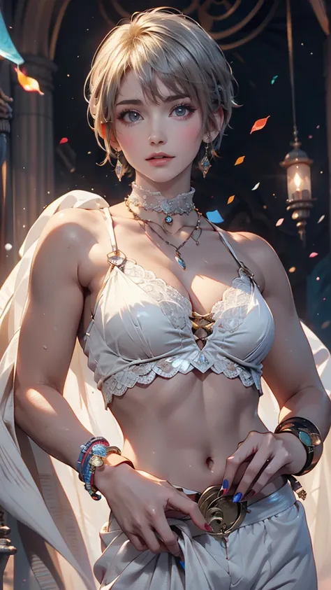 24-year-old female、Blonde、Pixie Cut Hair((pixie cut))、Lace choker、necklace、Oval Neck((oval neck))Tops、Sheer Aladdin pants((aladdin pantules、Silver accessories on the wrist、Manicure、Peticure