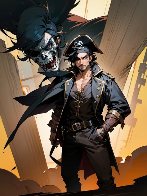 Middle-aged male, black hair, eyepatch, pirate outfit, rugged appearance, standing on path