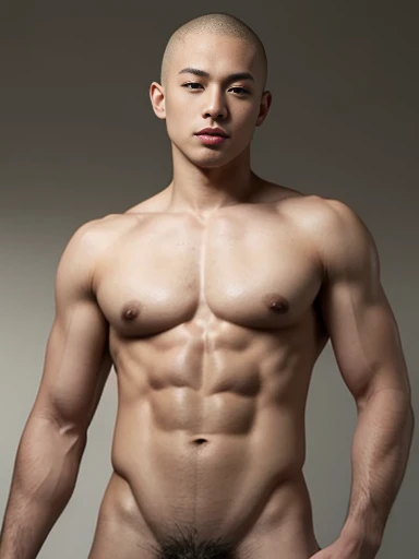 Naked Japanese male model,A large penis for his age, Take the whole body, Skinhead haircut. Look at camera., Detailed parts of the face, Manly, charming, Active Boy, Standing in front of a gray background, Freestyle moves, happy expression, perfect anatomy...