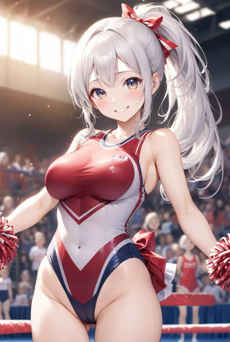 (Highest quality, 8k, 32K, masterpiece, Ultra-high resolution,:1.2),to be born, One Girl,So cute , Fantasy background like a gymnasium, clear, Shining Eyes, Age 25 ,Fair skin, Girl with silver hair, A beautiful girl like a fox, Cheerleader, Slanted Eyes, ,...